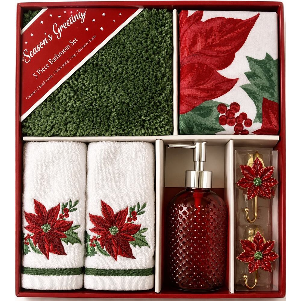 Holiday Time 5 Piece Bathroom Set featuring a poinsettia design. New
